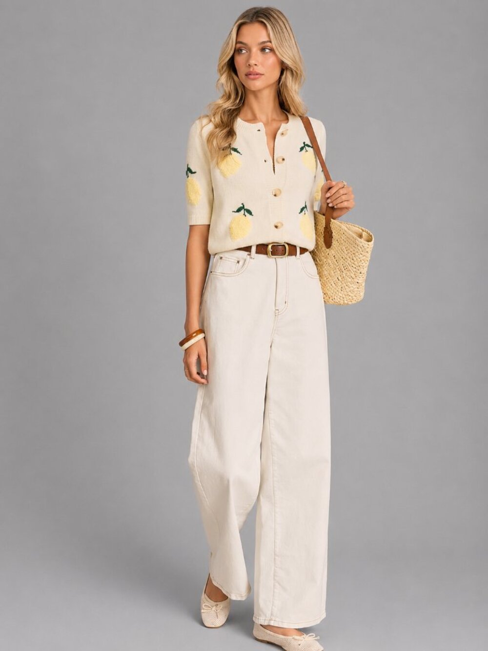 Women’s Beige Lemon Embroidered Knit Button Front Short Sleeve Cardigan Top - Picture 5 of 7